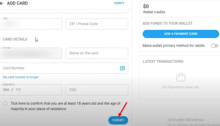 Onlyfans card details & Submit option